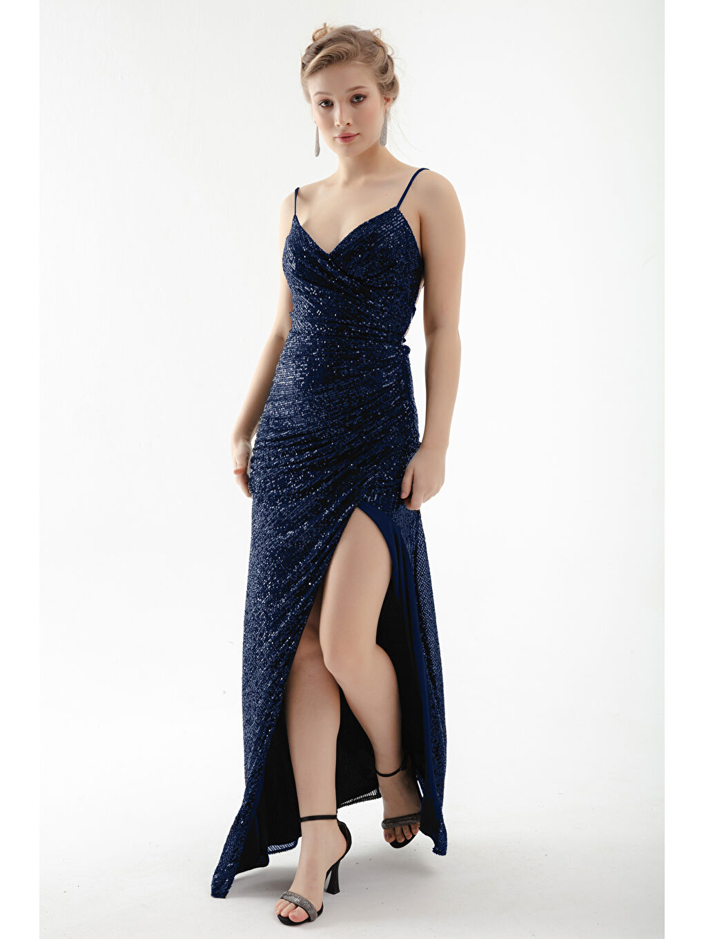 Kadın Lacivert Sırt Dekolteli Payetli Uzun Abiye Elbise-2