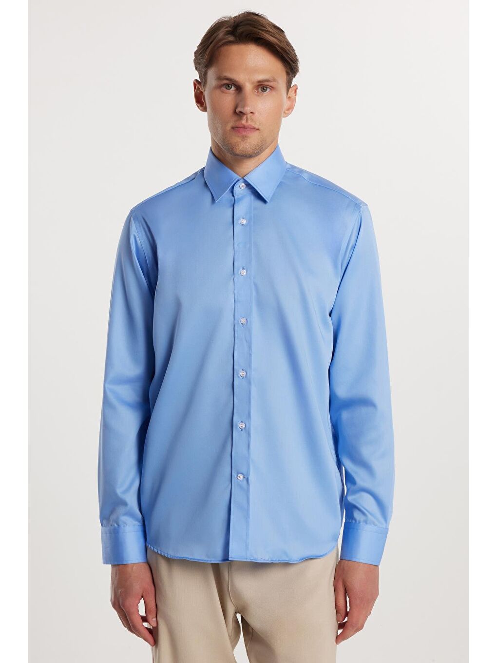 Regular Fit Mavi Non-Iron %100 Pamuk Doğa Dostu Ekoteks Belgeli Ütü Gerektirmez Gömlek-3