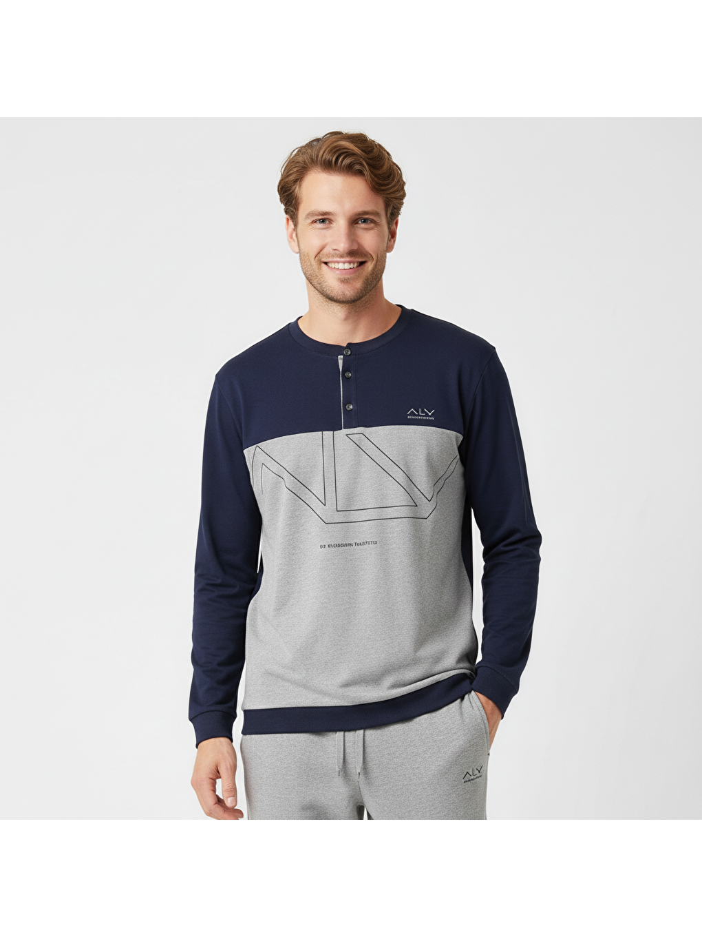 Erkek Pamuklu Lacivert - Gri Renk Pijama Takımı Al008 V1