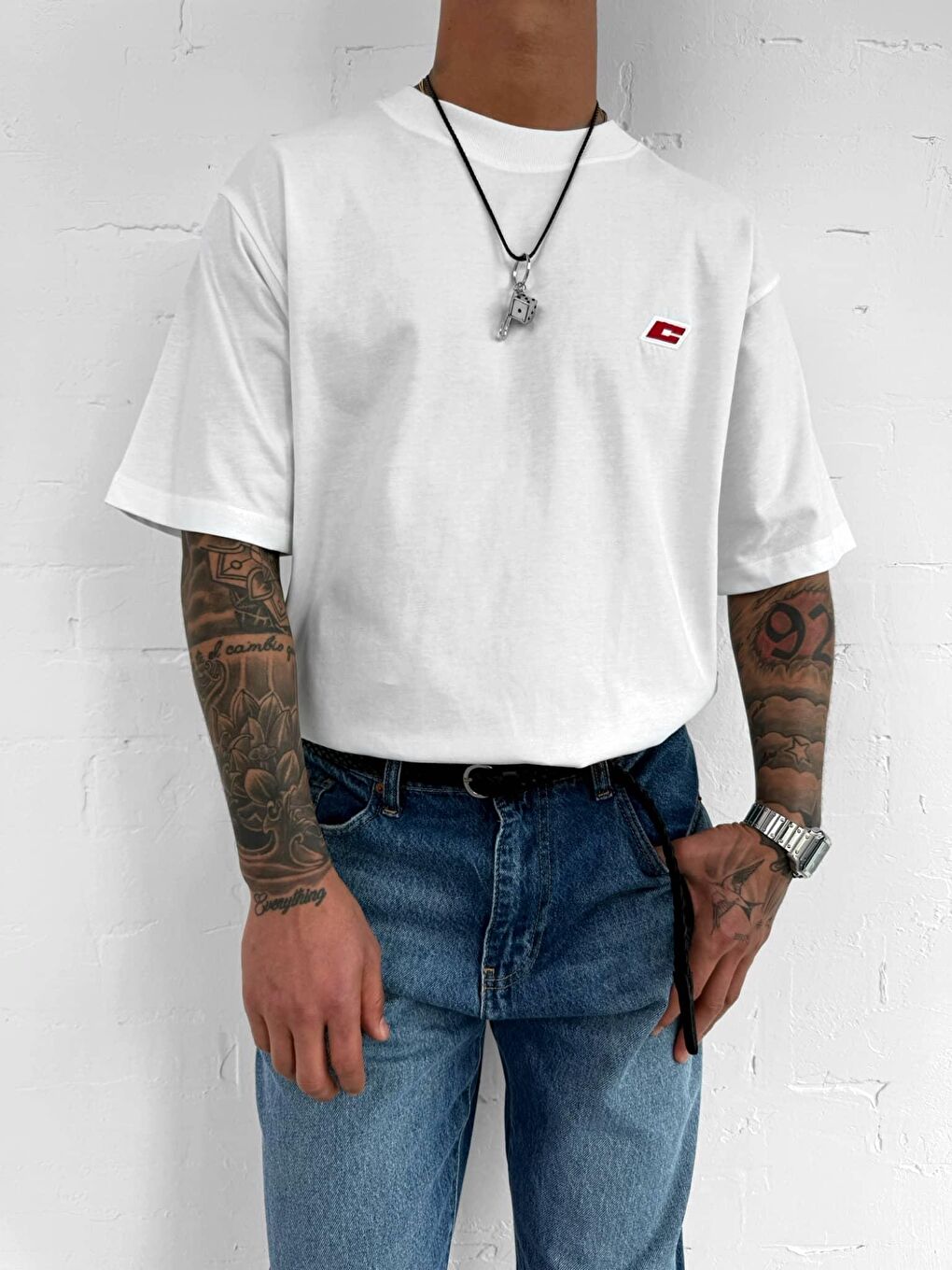 Erkek Oversize Nakışlı Tişört Beyaz-3