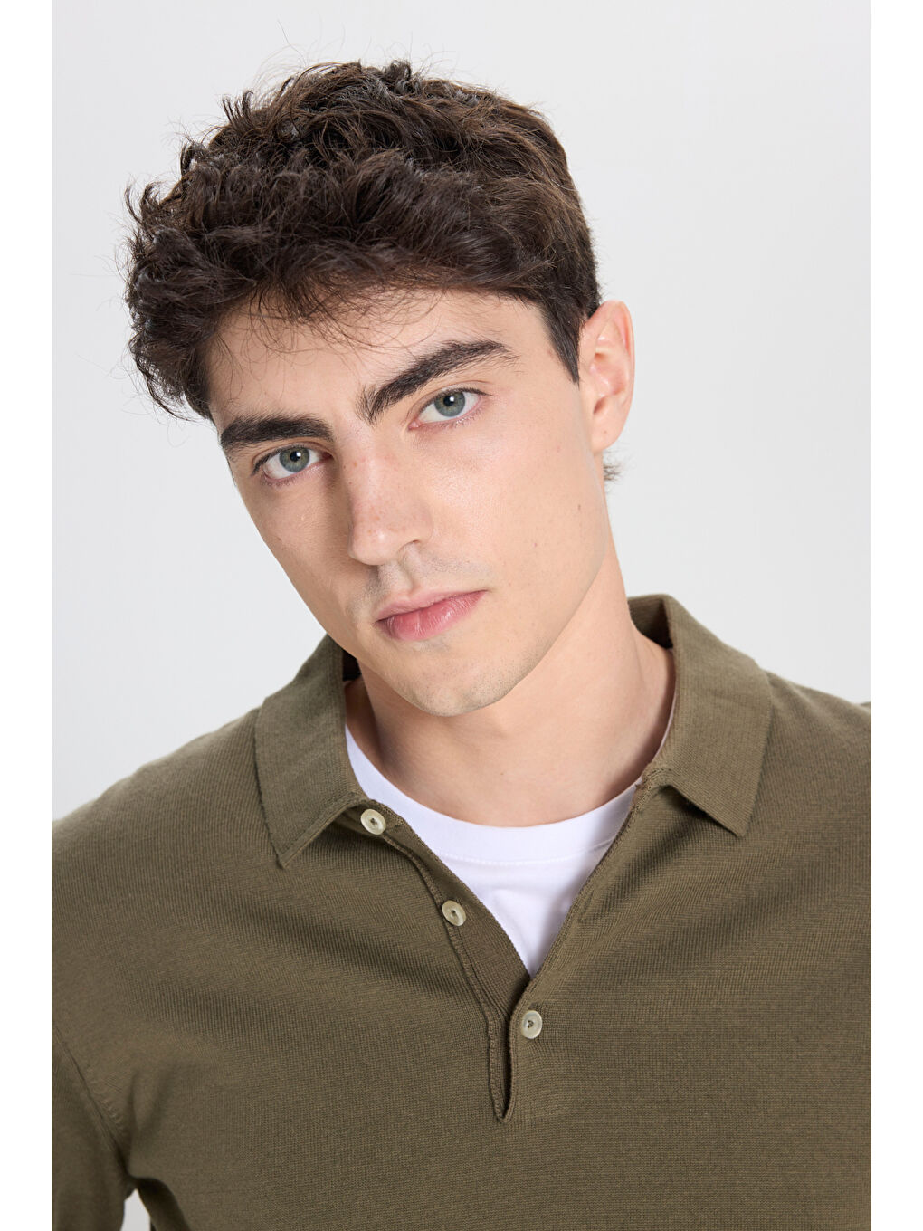 Erkek Haki Pamuklu Standart Fit Normal Kesim Polo Yaka Triko Kazak-3