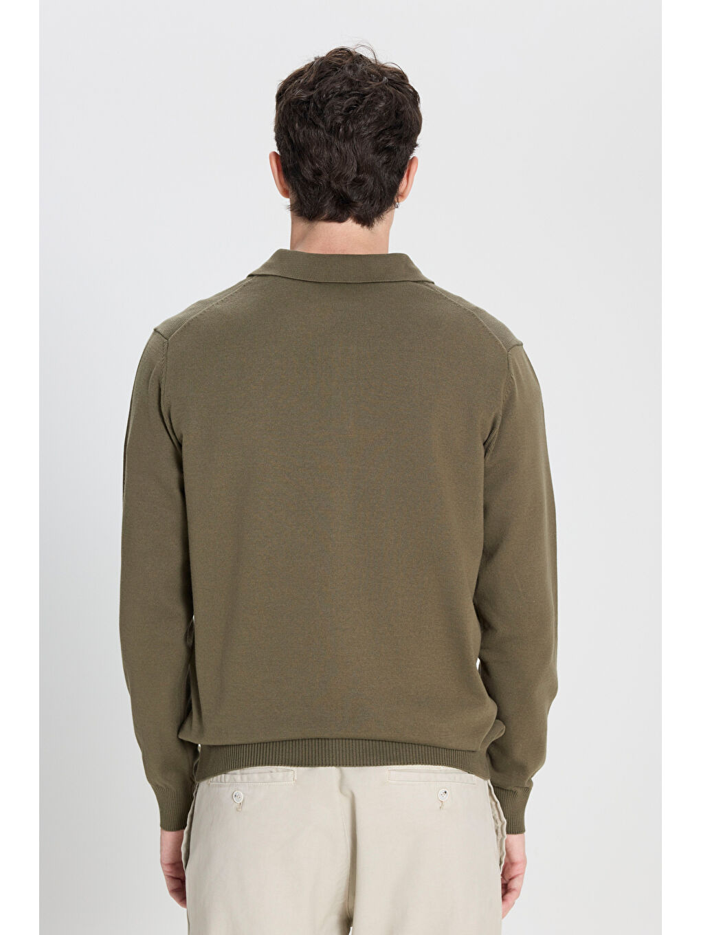 Erkek Haki Pamuklu Standart Fit Normal Kesim Polo Yaka Triko Kazak-4