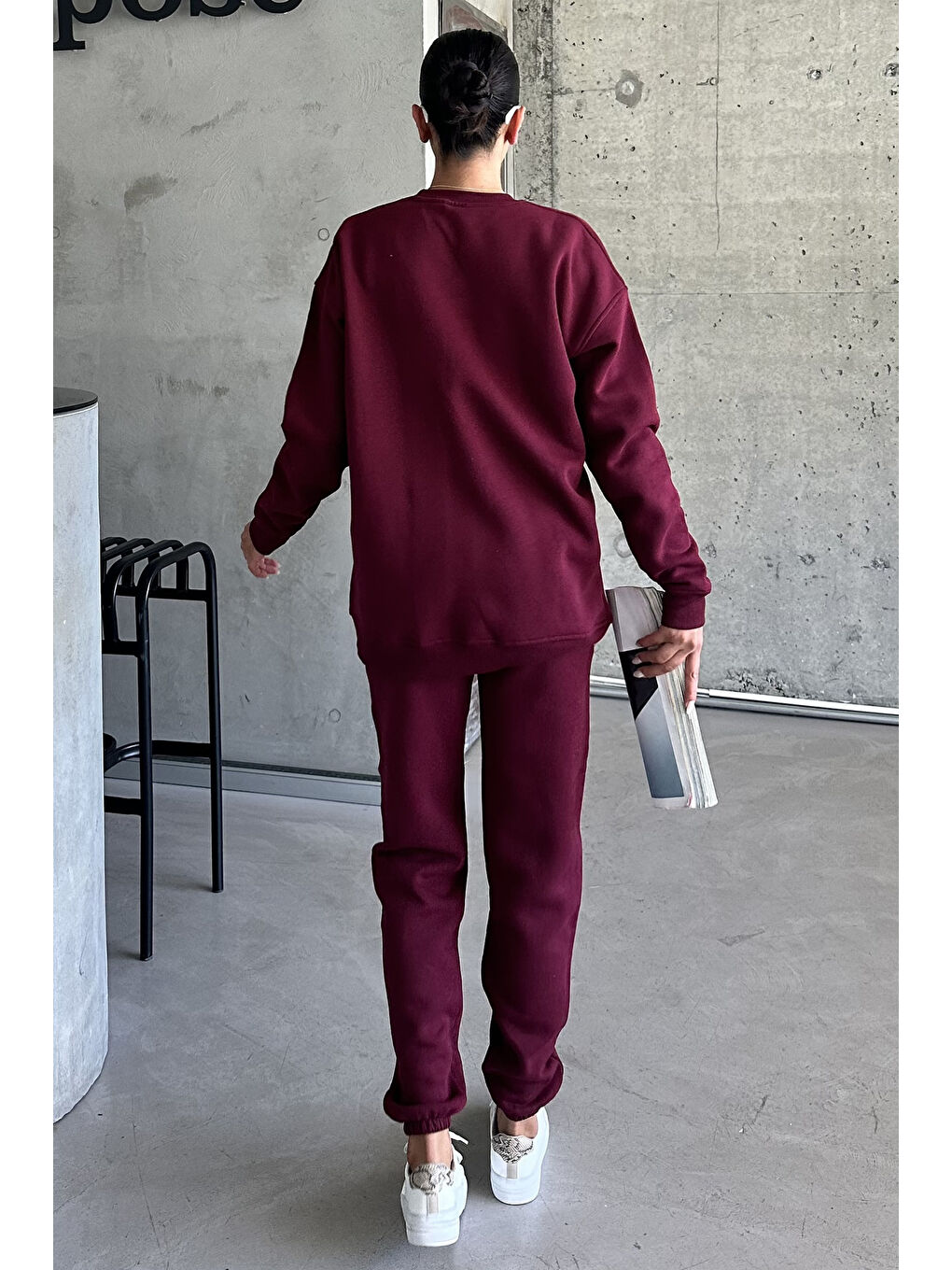 Kadın Erkek Bordo Bisiklet Yaka Düz Oversize Alt-Üst Eşofman Takımı-3