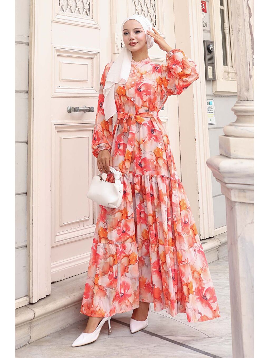 Turuncu Kadın Desenli Uzun Tesettür Elbise 2586 - Oranje