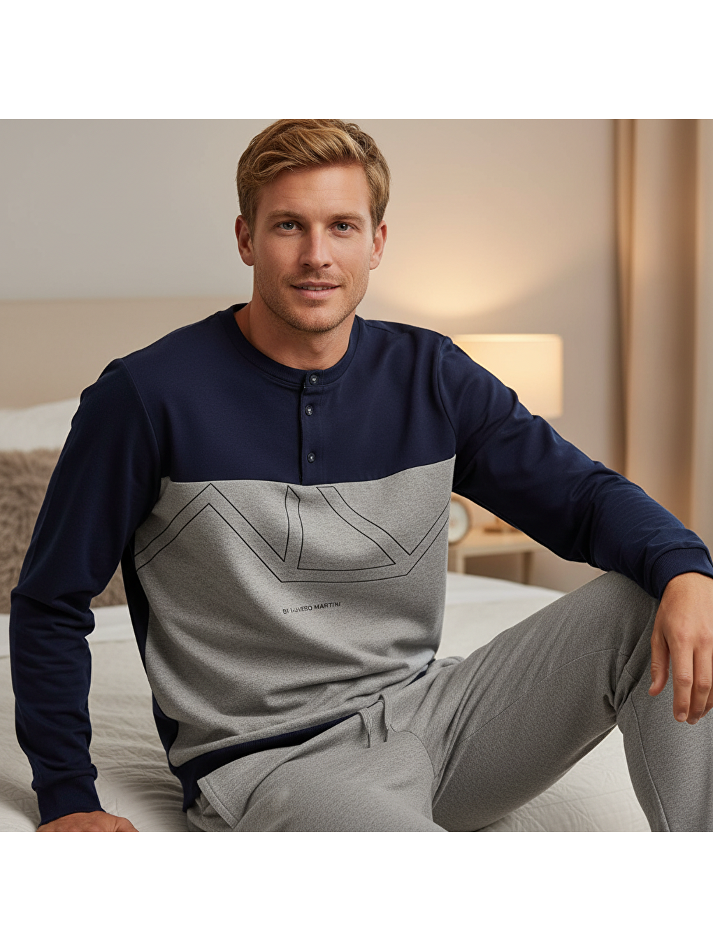 Erkek Pamuklu Lacivert - Gri Renk Pijama Takımı Al008 V1-1