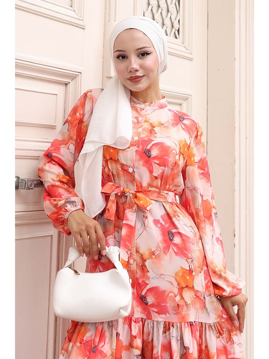 Turuncu Kadın Desenli Uzun Tesettür Elbise 2586 - Oranje-1