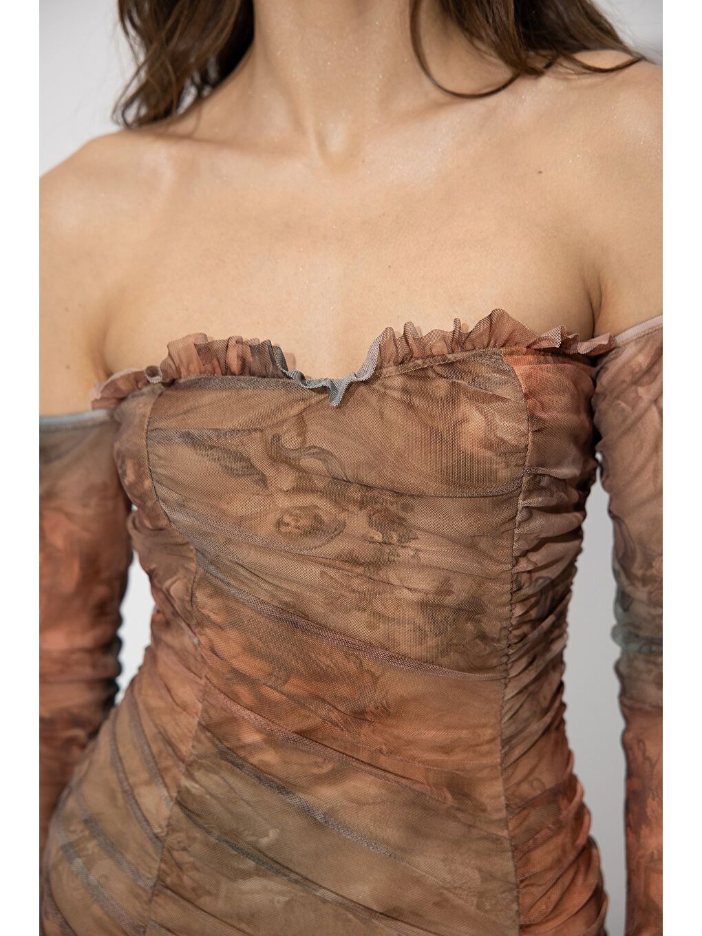 Karışık Renkli Büzgülü Mini Elbise-3