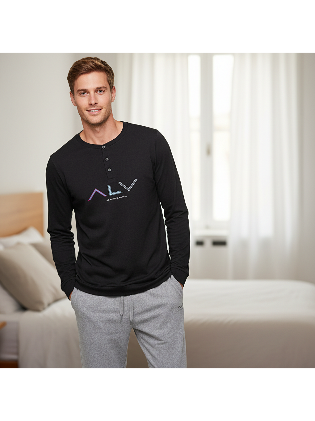 Erkek Pamuklu Siyah Renk Pijama Takımı Al009 V2-4