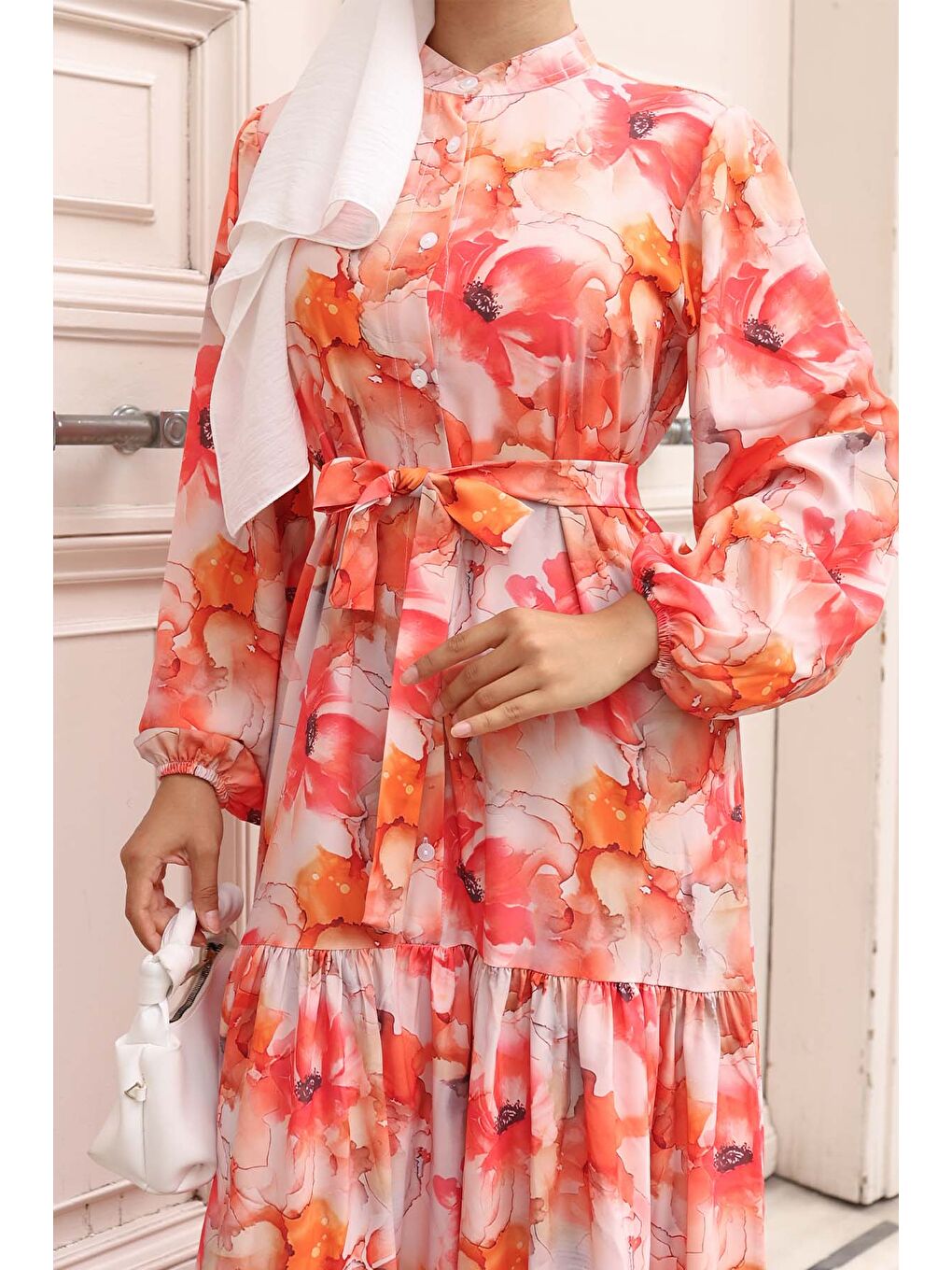 Turuncu Kadın Desenli Uzun Tesettür Elbise 2586 - Oranje-2