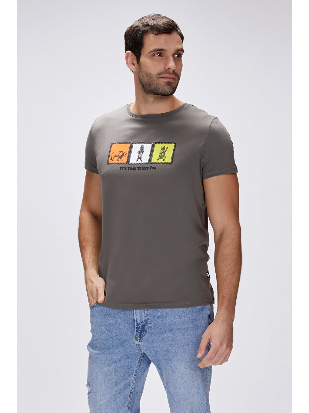 Gri Entree Antrasit Erkek Baskılı Tişört-1