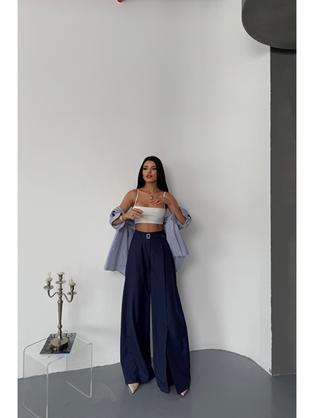 Salaş Önden Yırtmaç Detaylı Bel Kemerli Pantolon - Lacivert-3
