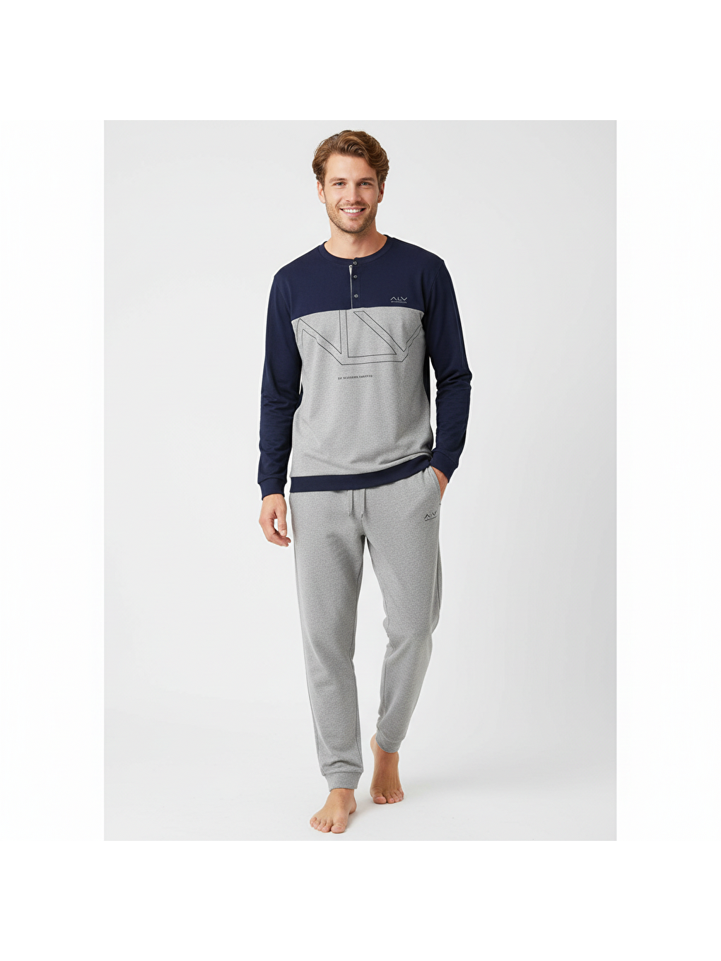 Erkek Pamuklu Lacivert - Gri Renk Pijama Takımı Al008 V1-3