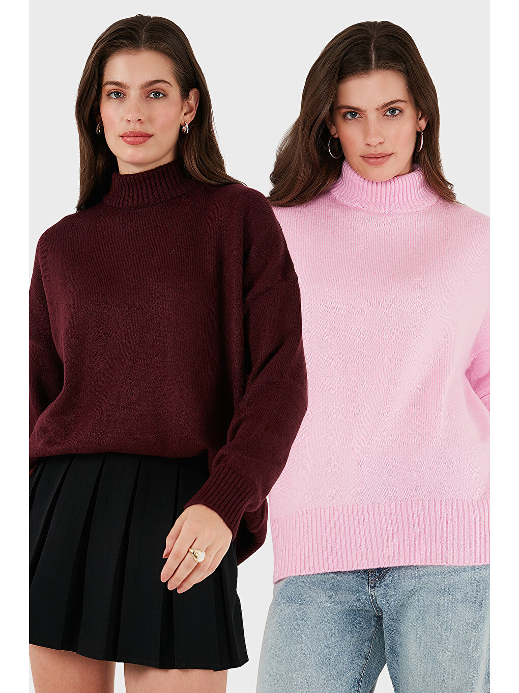 Pembe Oversize Fit Balıkçı Yaka Yumuşak Dokulu 2'li Paket Triko Kazak 680KZ00469S2