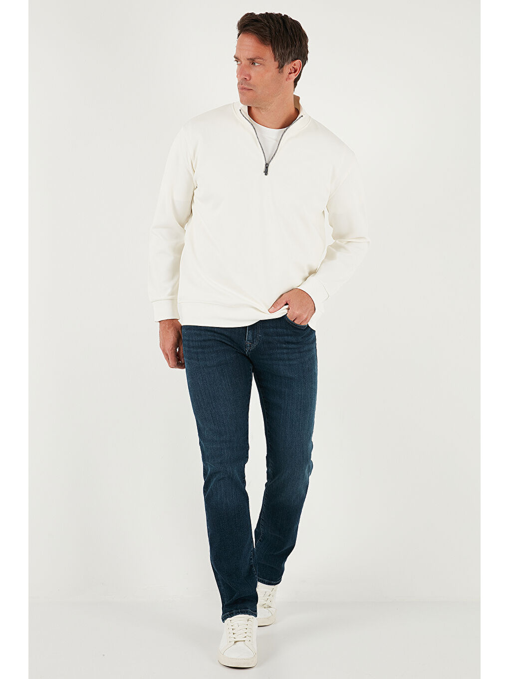 Ekru Pamuklu Regular Fit Yarım Fermuarlı Dik Yaka Sweat 5905470-1