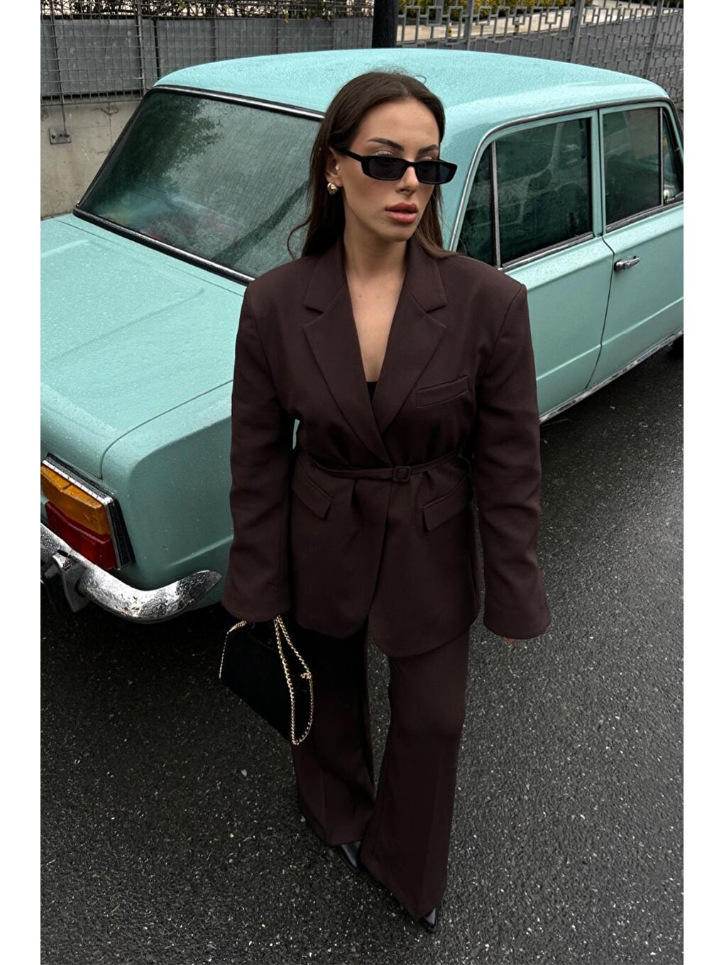 Kahverengi Fit Kesim Vatkalı Ceket Pantolon Takım Kahve-1