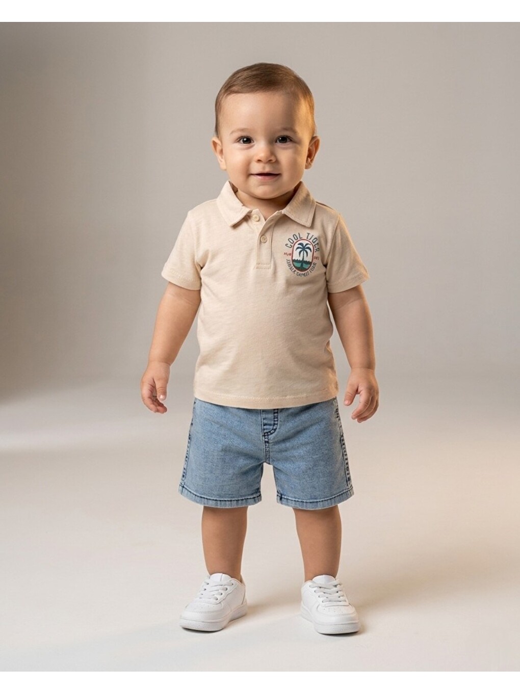 Bej Erkek Bebek Yazlık Jean Şortlu Baskılı Polo Yaka T-shirtli 2'li Takım