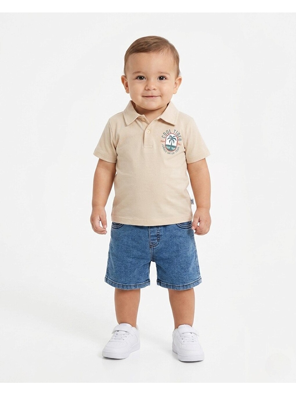 Bej Erkek Bebek Yazlık Jean Şortlu Baskılı Polo Yaka T-shirtli 2'li Takım-1