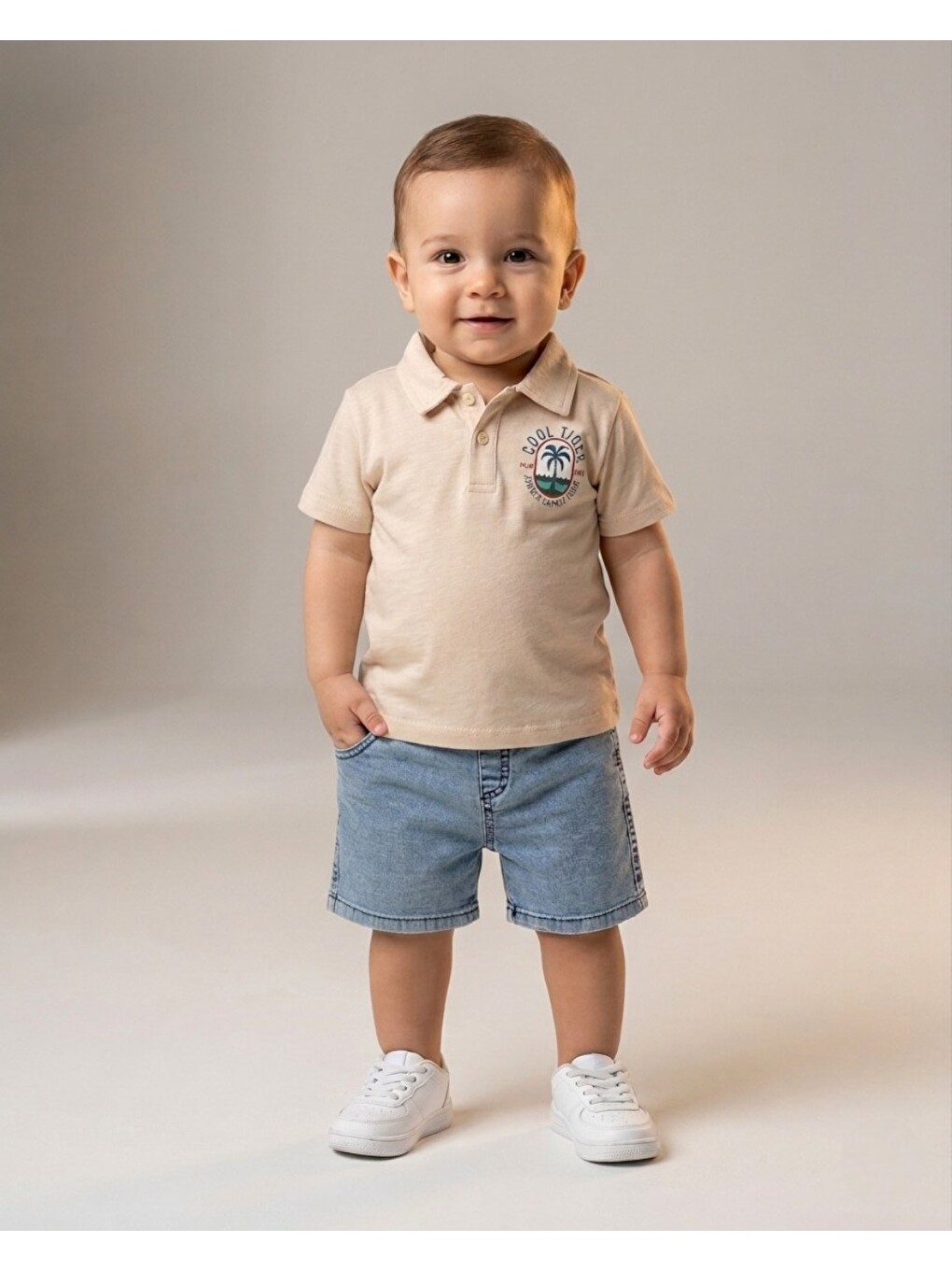 Bej Erkek Bebek Yazlık Jean Şortlu Baskılı Polo Yaka T-shirtli 2'li Takım-2