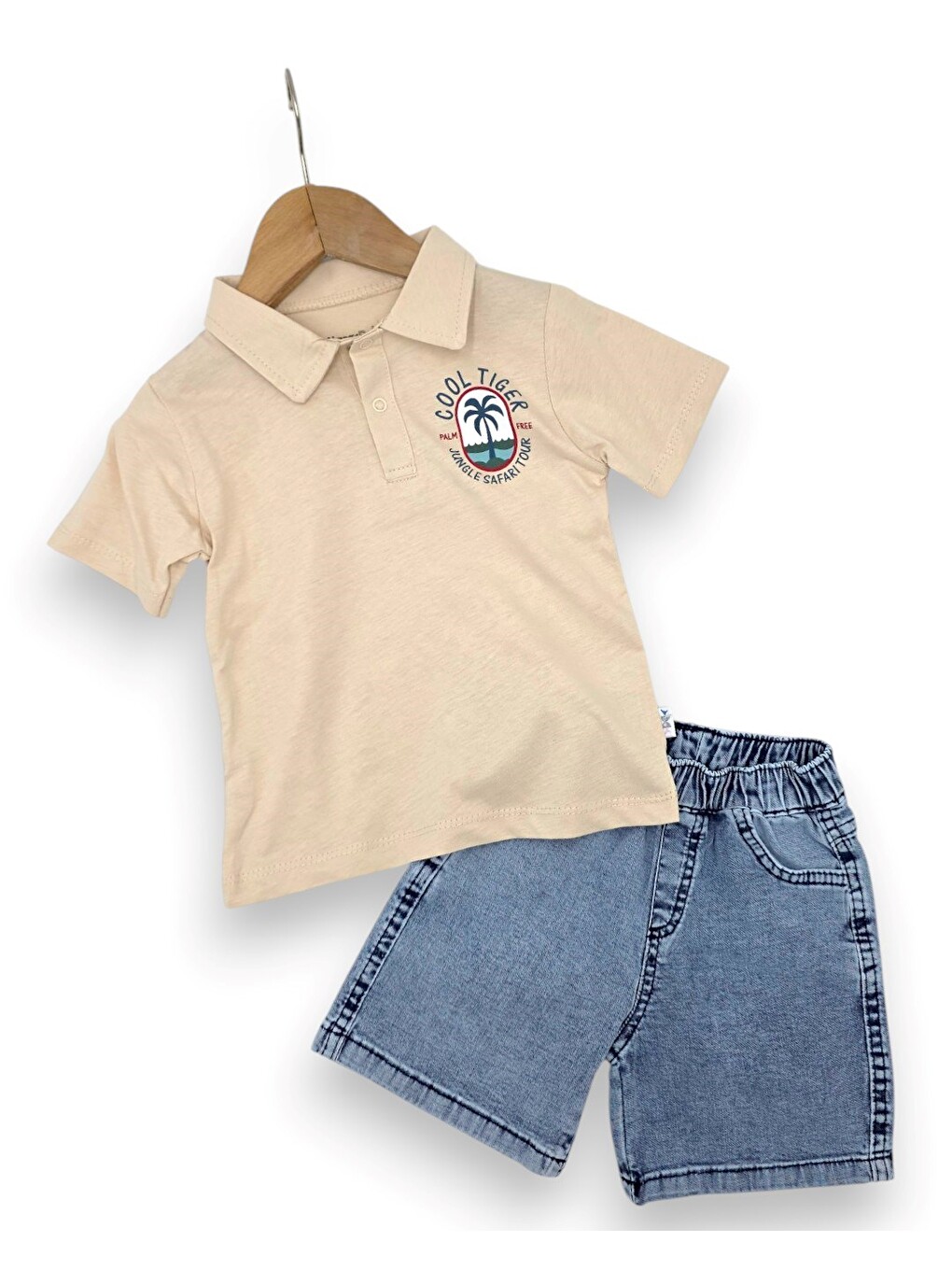 Bej Erkek Bebek Yazlık Jean Şortlu Baskılı Polo Yaka T-shirtli 2'li Takım-3