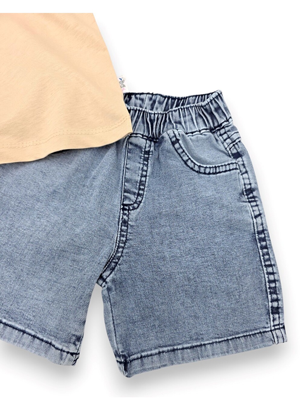 Bej Erkek Bebek Yazlık Jean Şortlu Baskılı Polo Yaka T-shirtli 2'li Takım-4