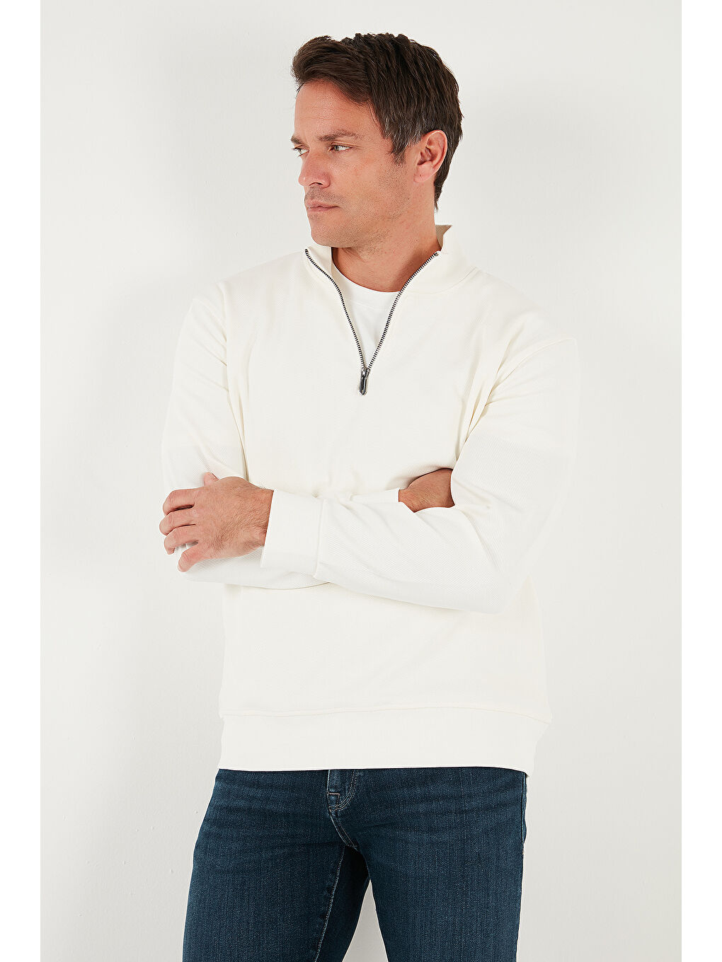 Ekru Pamuklu Regular Fit Yarım Fermuarlı Dik Yaka Sweat 5905470-2