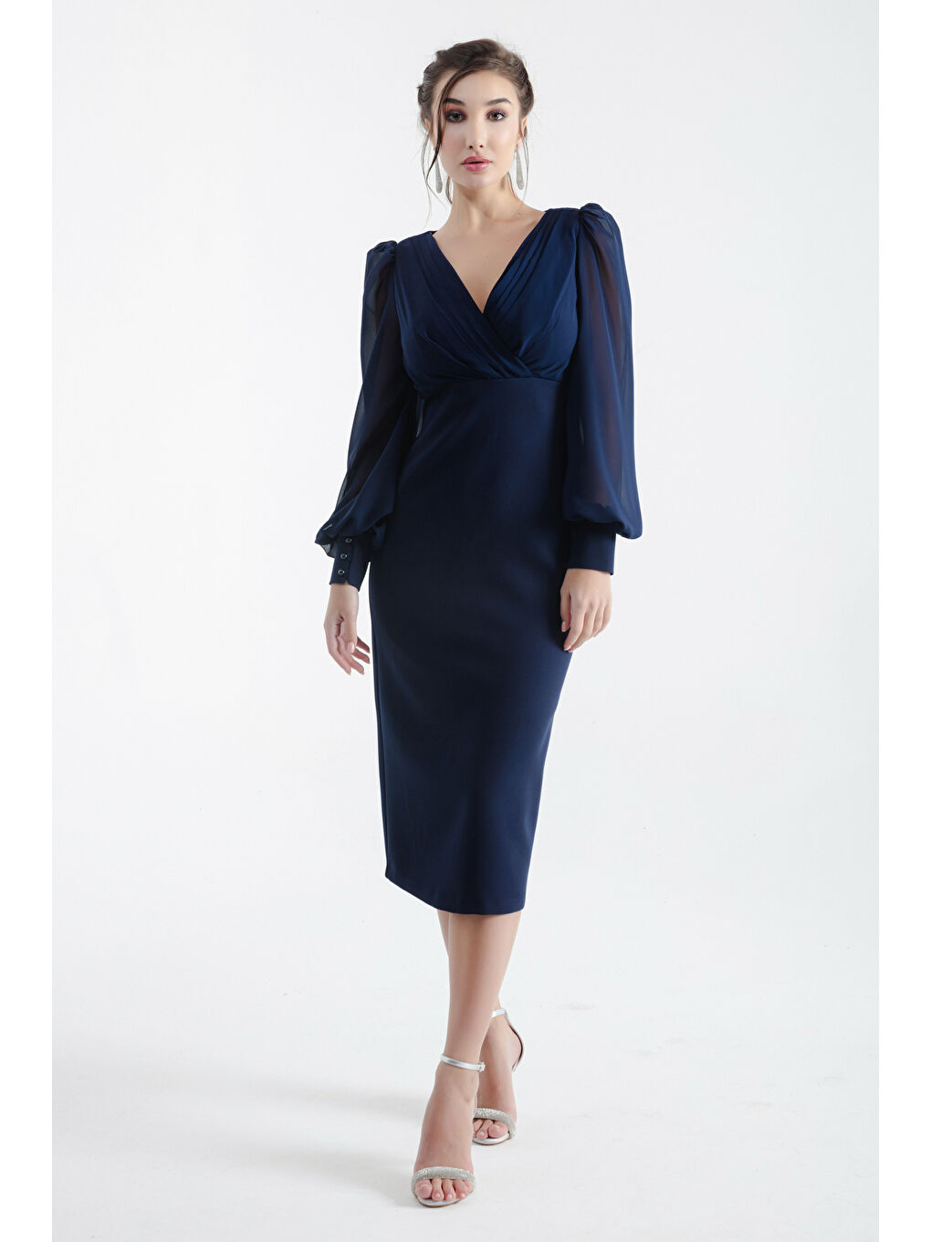 Kadın Lacivert Kruvaze Yaka Midi Abiye Elbise-1