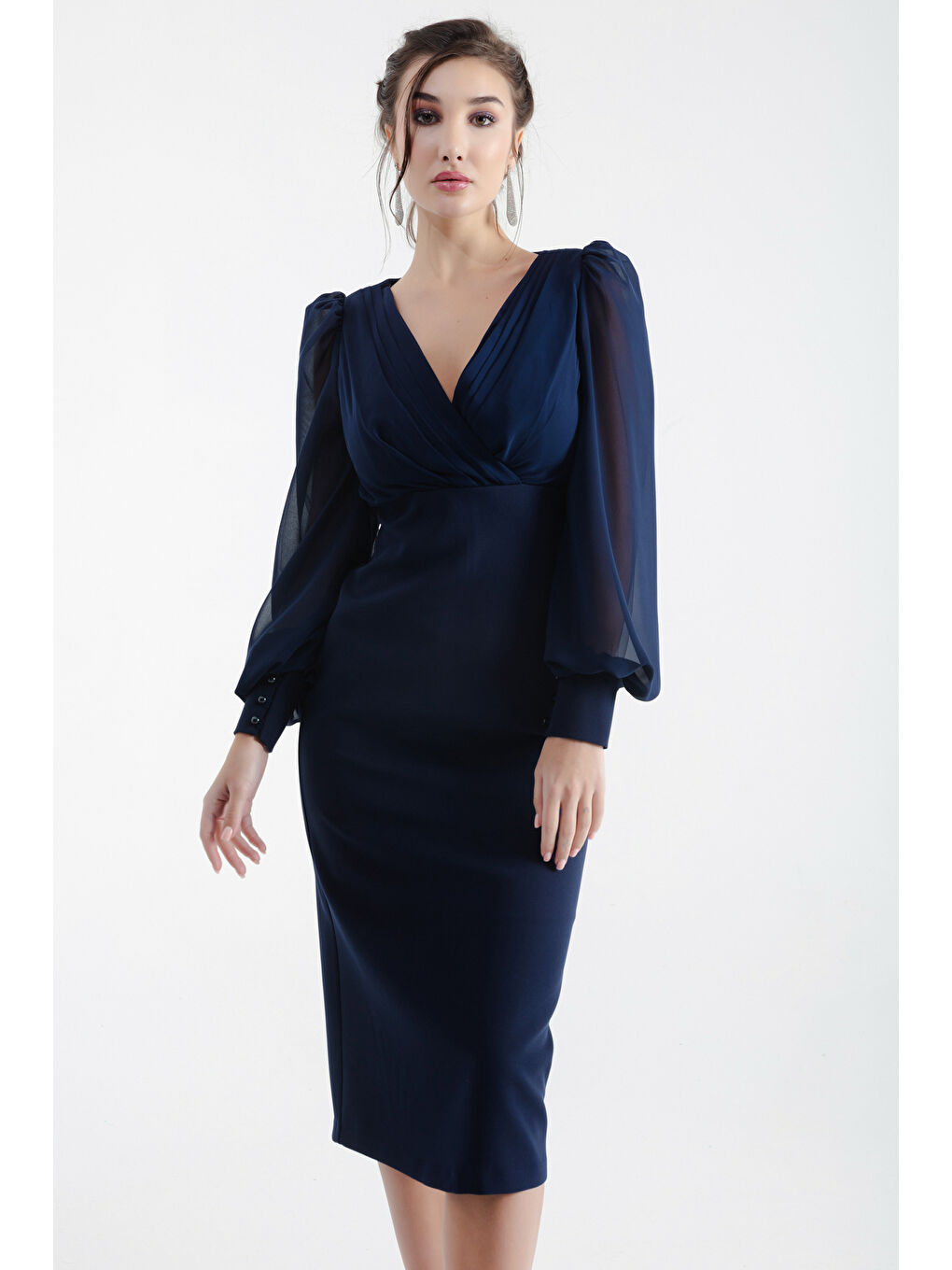 Kadın Lacivert Kruvaze Yaka Midi Abiye Elbise-2