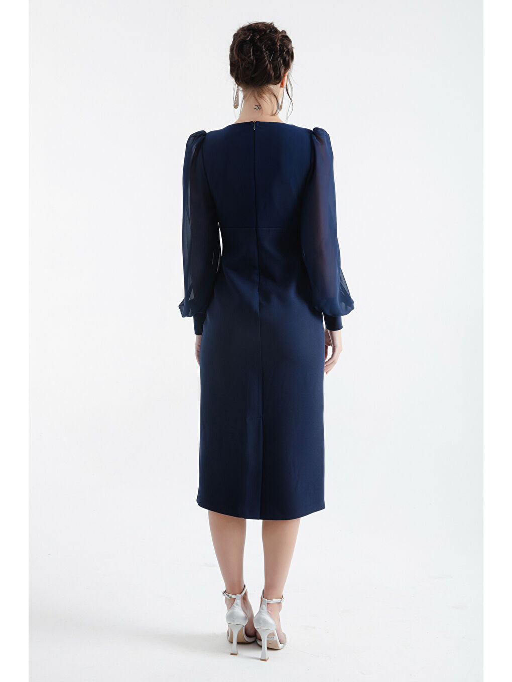 Kadın Lacivert Kruvaze Yaka Midi Abiye Elbise-4