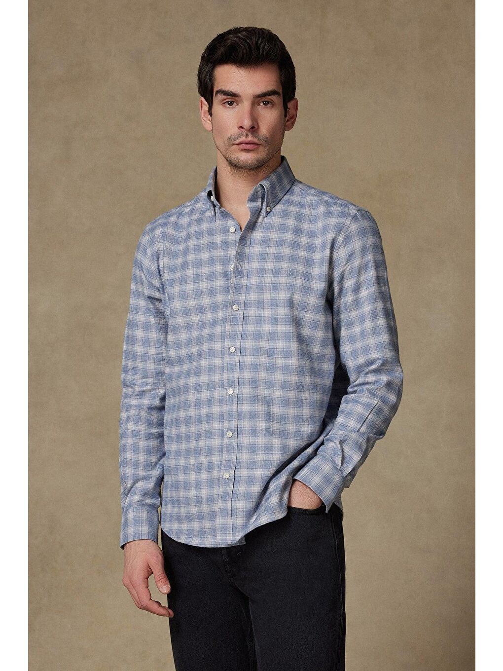 Luca Flanel Pamuklu Comfort Fit Mavi-Gri Düğmeli Yaka Erkek Kareli %100 Pamuk Gömlek