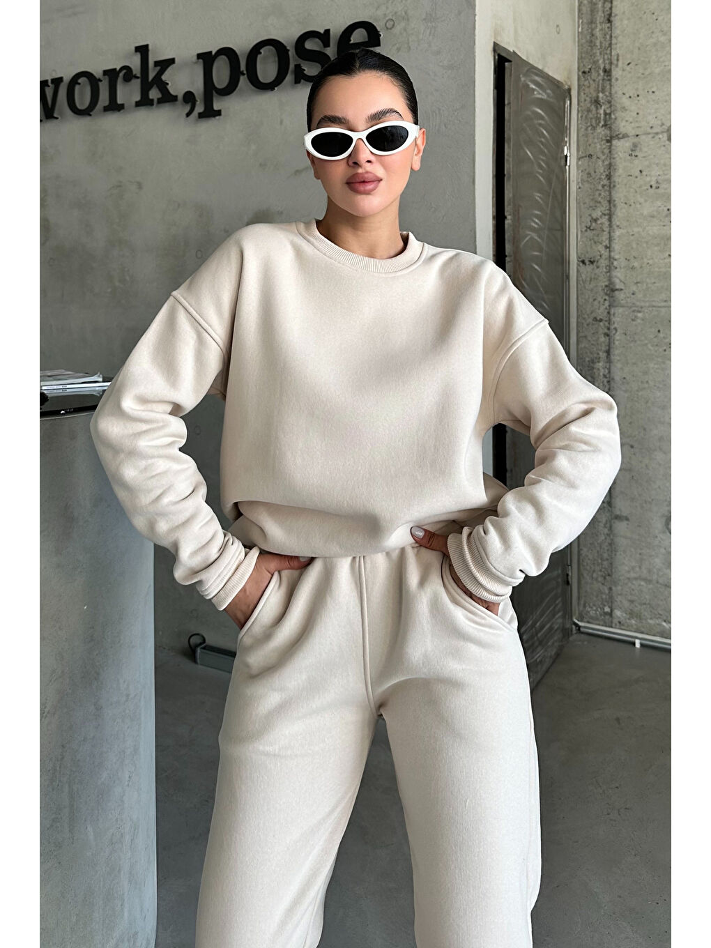 Kadın Erkek Bej Bisiklet Yaka Düz Oversize Alt-Üst Eşofman Takımı-6