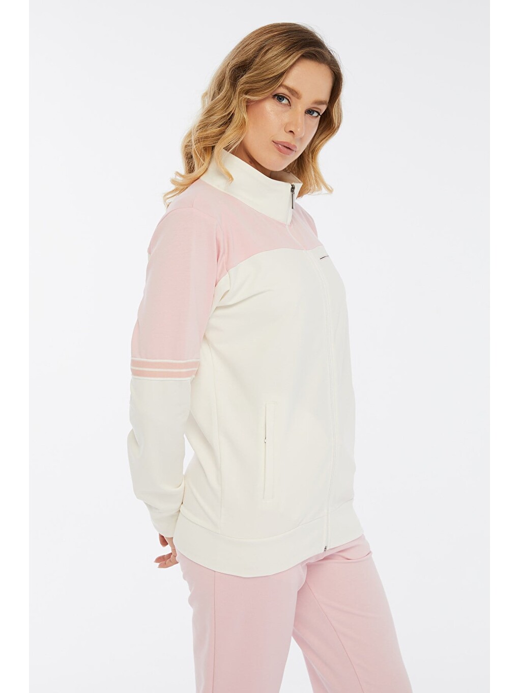 Kadın Pamuklu Dik Yakalı Fermuarlı Eşofman Takımı Toz Pembe-8534