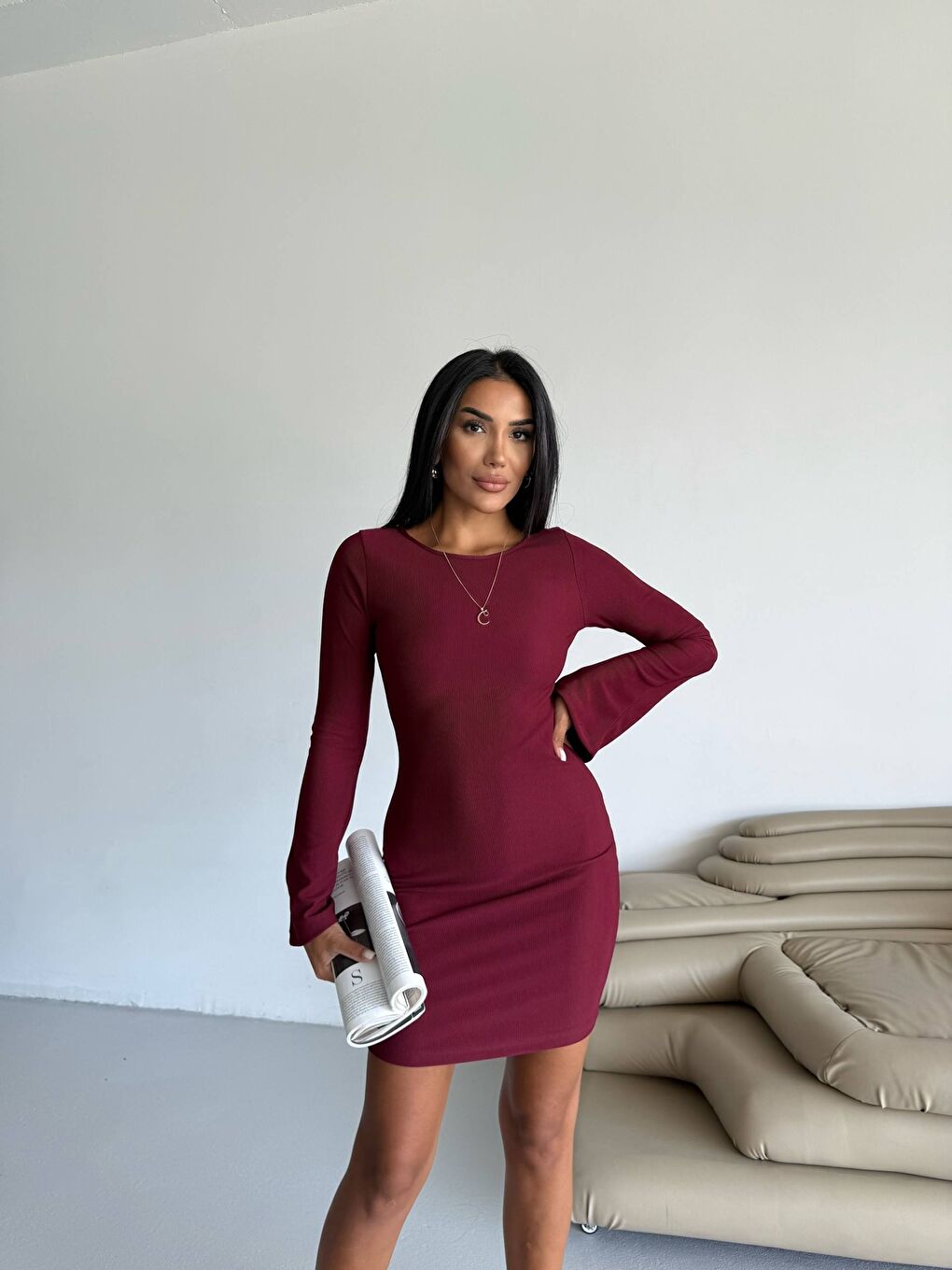 Ottoman Kumaş Kol Detay Bordo Elbise