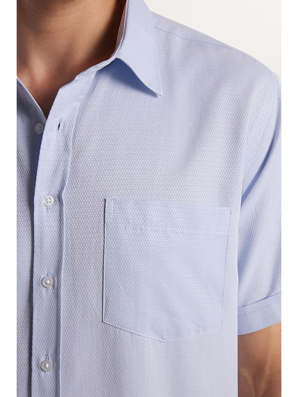 Erkek Regular Fit Klasik Kesim Kısa Kollu Pamuklu Tek Cepli Armürlü Açık Mavi Gömlek-2