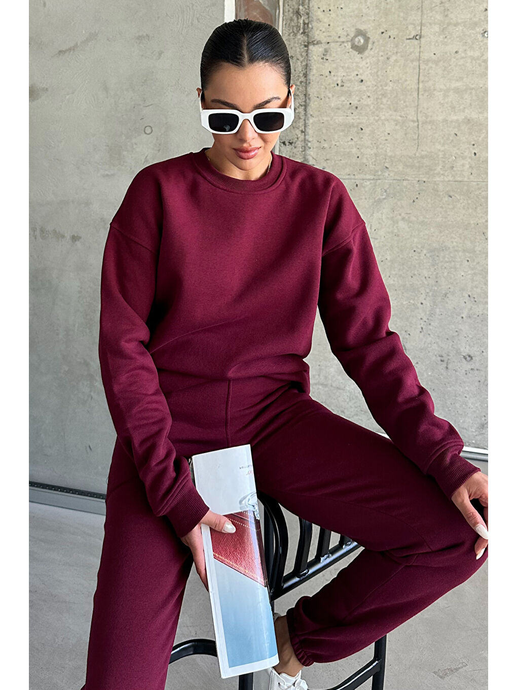 Kadın Erkek Bordo Bisiklet Yaka Düz Oversize Alt-Üst Eşofman Takımı-5