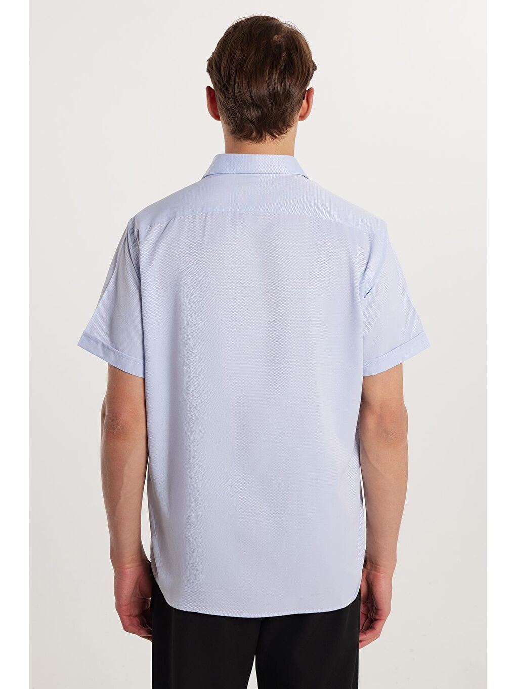 Erkek Regular Fit Klasik Kesim Kısa Kollu Pamuklu Tek Cepli Armürlü Açık Mavi Gömlek-4
