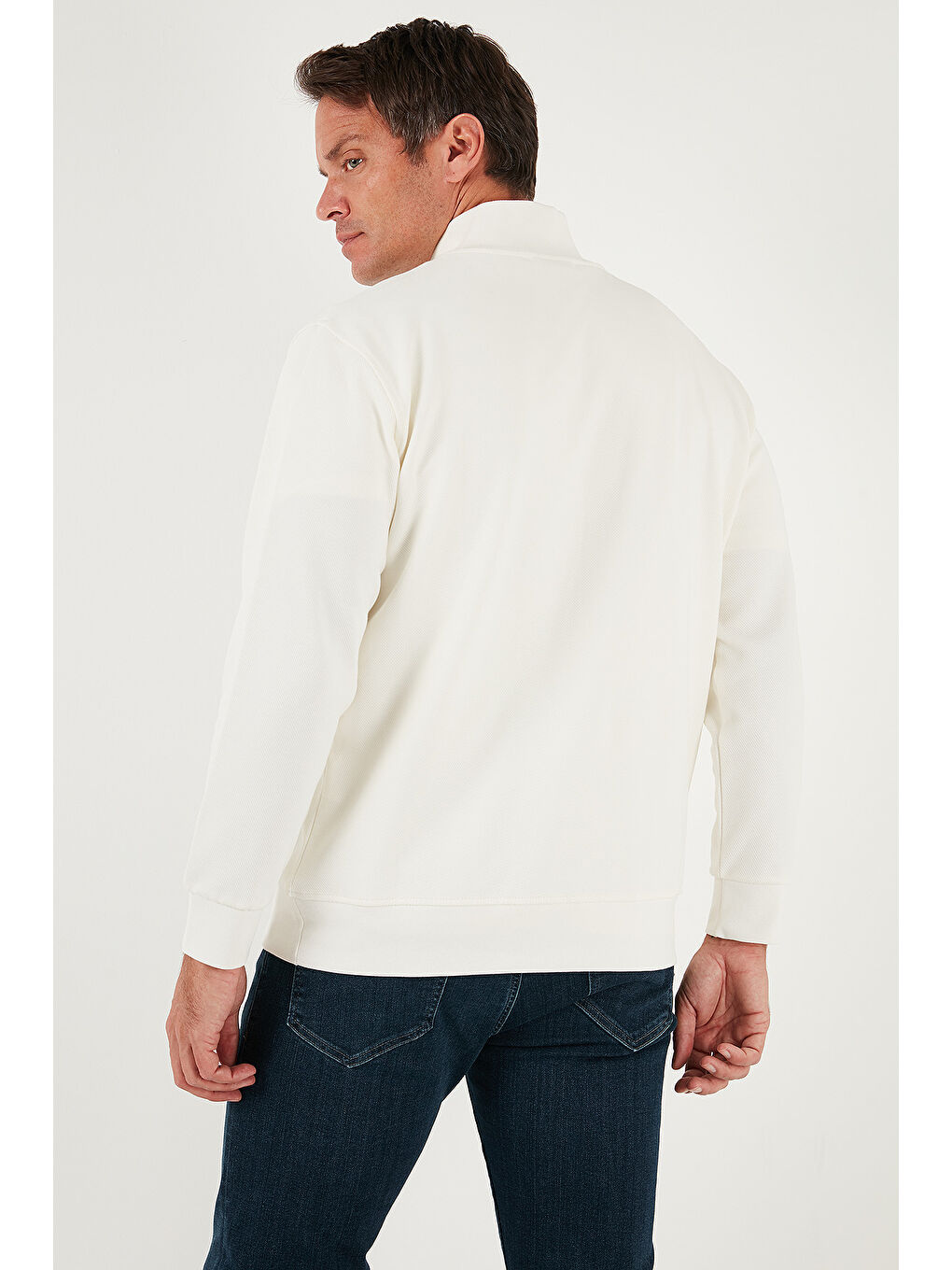 Ekru Pamuklu Regular Fit Yarım Fermuarlı Dik Yaka Sweat 5905470-6