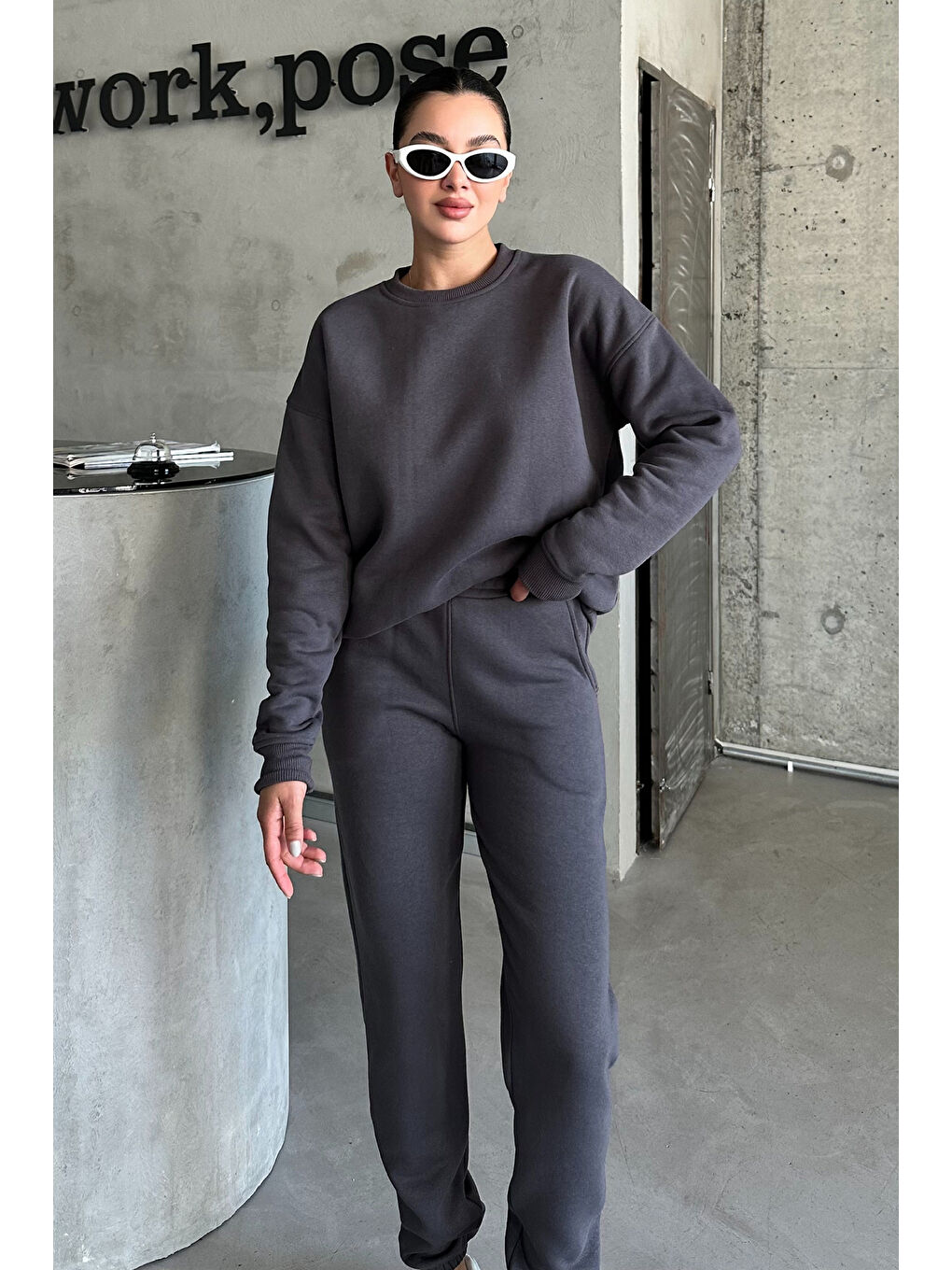 Kadın Erkek Antrasit Bisiklet Yaka Düz Oversize Alt-Üst Eşofman Takımı-6