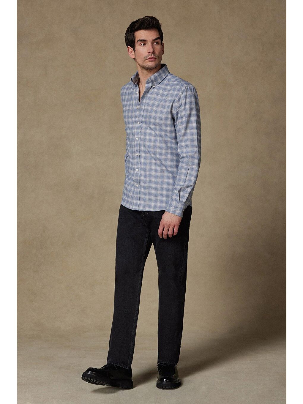 Luca Flanel Pamuklu Comfort Fit Mavi-Gri Düğmeli Yaka Erkek Kareli %100 Pamuk Gömlek-2