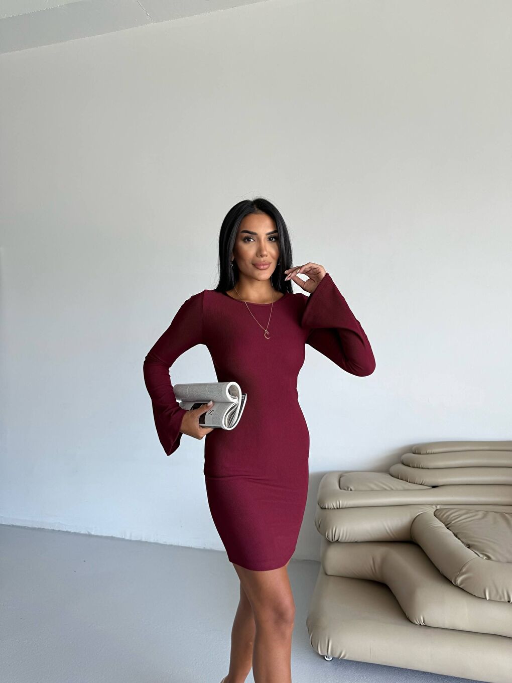 Ottoman Kumaş Kol Detay Bordo Elbise-1