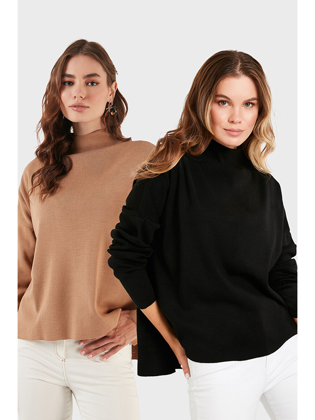 Kahverengi Pamuklu Arkası Uzun Dik Yaka 2'li Paket Triko Kazak 4615002S2