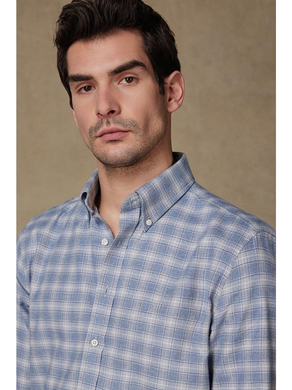 Luca Flanel Pamuklu Comfort Fit Mavi-Gri Düğmeli Yaka Erkek Kareli %100 Pamuk Gömlek-3