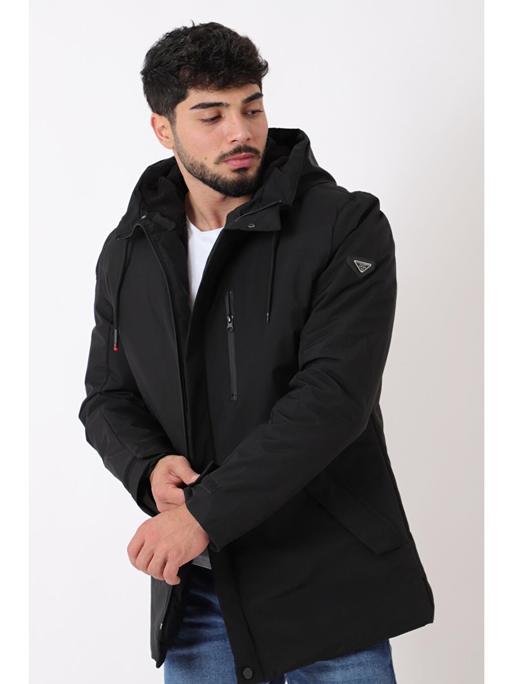 Siyah Sporlikra Kumaş Tasarım Cep Kışlık Kapüşonlu Mont PLDP 3013_50458-1