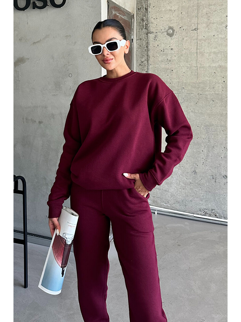 Kadın Erkek Bordo Bisiklet Yaka Düz Oversize Alt-Üst Eşofman Takımı-6