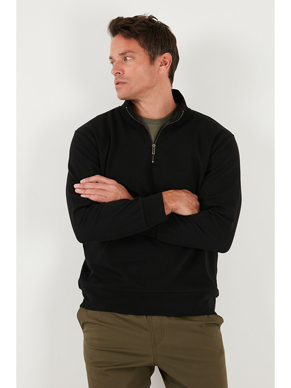 Siyah Pamuklu Regular Fit Yarım Fermuarlı Dik Yaka Sweat 5905470-3