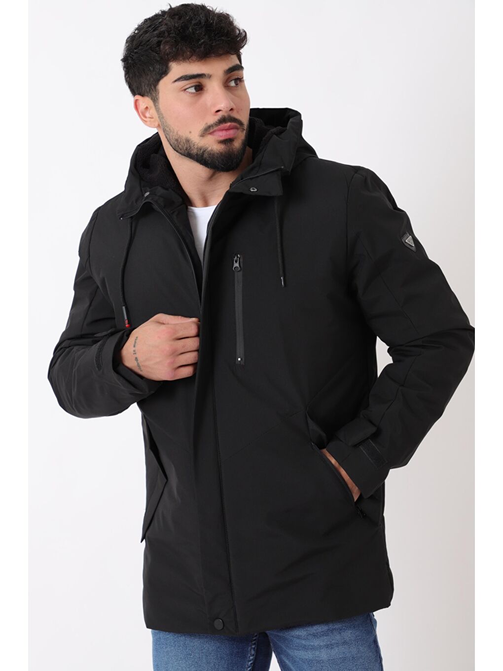 Siyah Sporlikra Kumaş Tasarım Cep Kışlık Kapüşonlu Mont PLDP 3013_50458-2