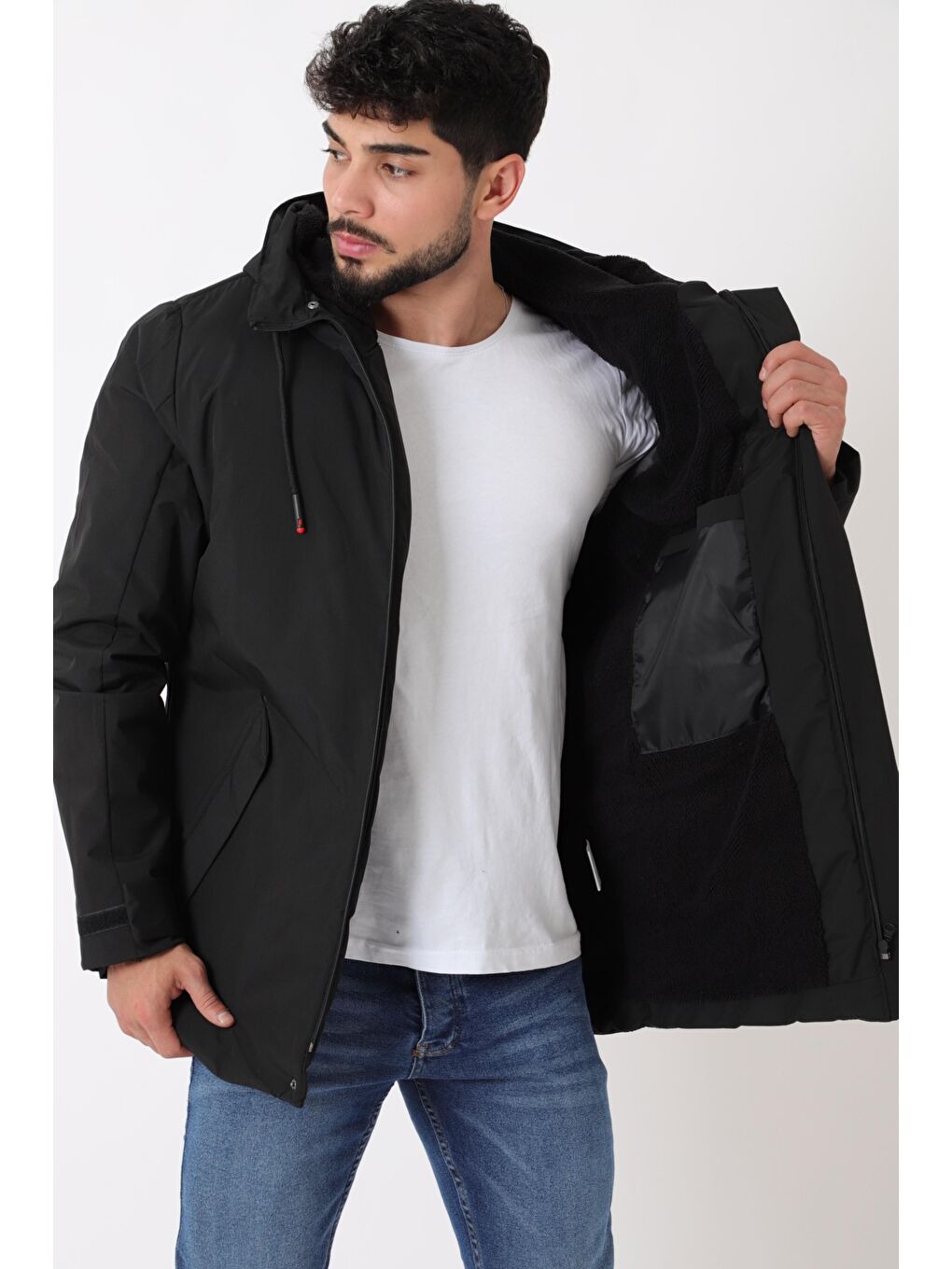 Siyah Sporlikra Kumaş Tasarım Cep Kışlık Kapüşonlu Mont PLDP 3013_50458-3