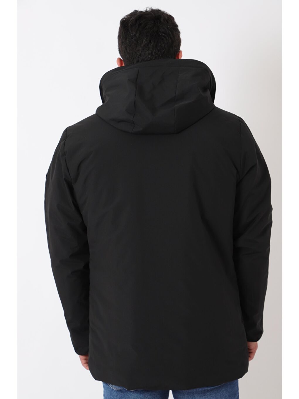 Siyah Sporlikra Kumaş Tasarım Cep Kışlık Kapüşonlu Mont PLDP 3013_50458-6