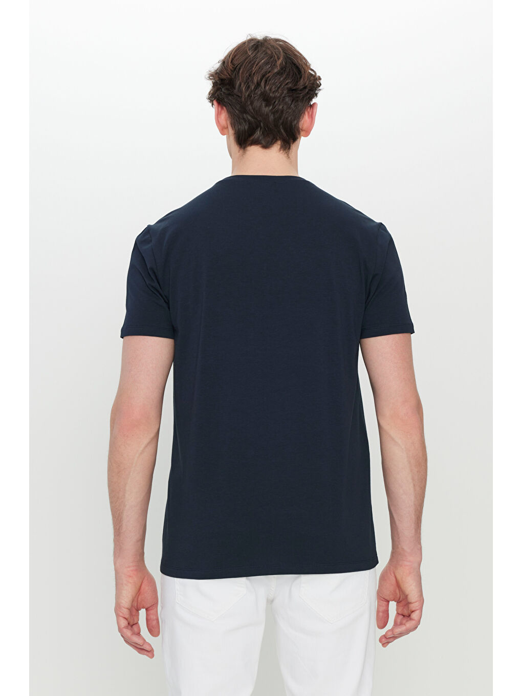 Erkek Lacivert Pamuklu Slim Fit Dar Kesim Bisiklet Yaka Baskılı Esnek Tişört-4