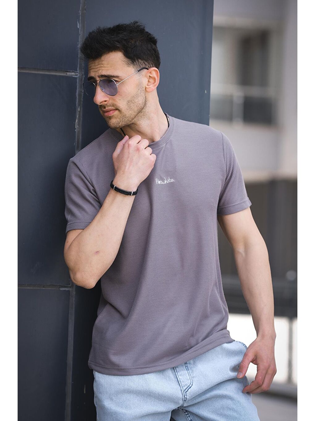 Gri Pure Slim Fit Waffle Kumaş Bisiklet Yaka Baskılı Erkek Tshirt-1