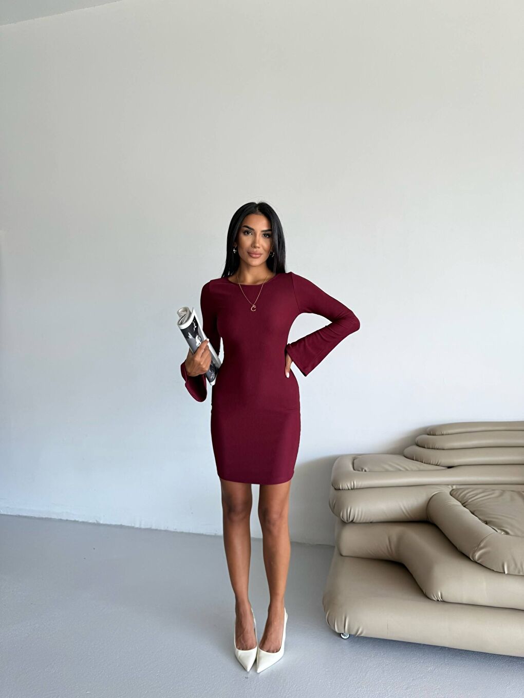 Ottoman Kumaş Kol Detay Bordo Elbise-3